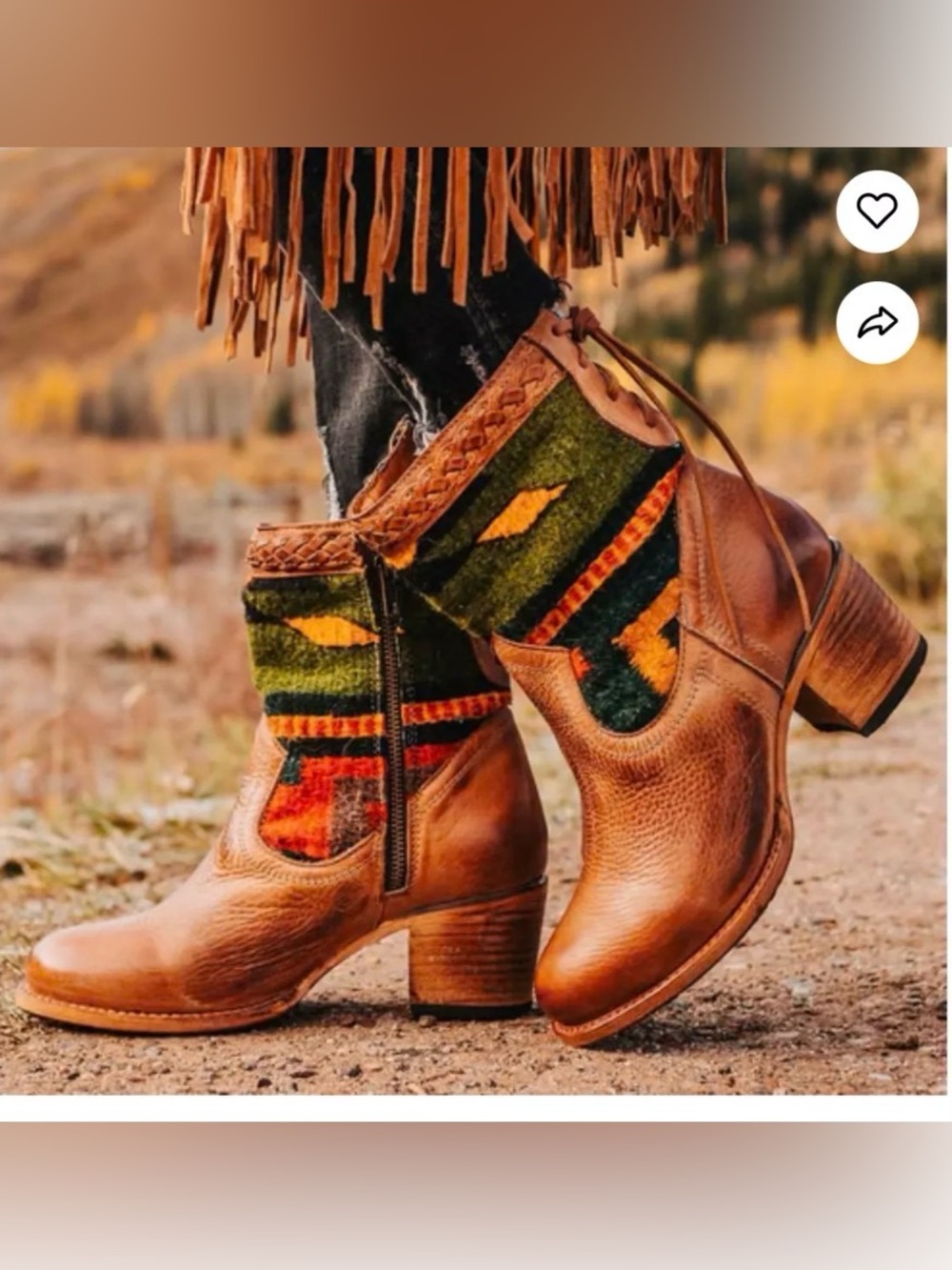 freebird Tan Leather Ankle Boots with Green & Orange Textile Inset